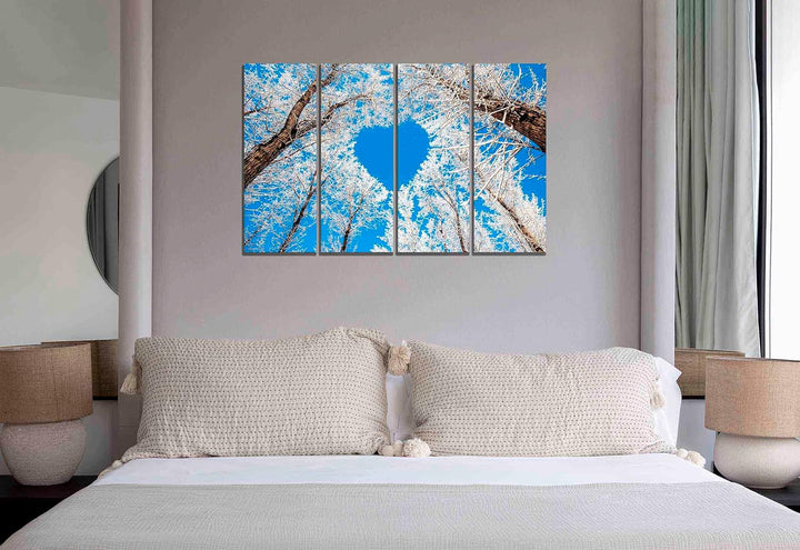 Leinwandbild, Herz-Baum mit blauem Himmel, 4-teilig, moderne Bilder, Heimbüro-Dekoration, gerahmtes