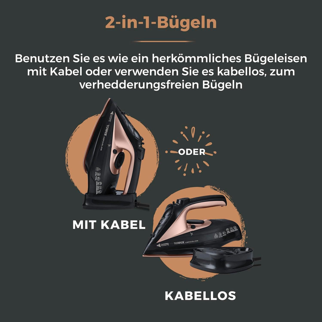 Tower T22008 CeraGlide Kabelloses Dampf Bügeleisen mit Keramiksohle - Dampfbügeleisen mit Variabler