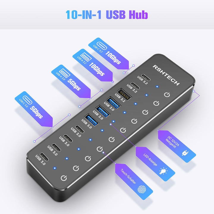 RSHTECH 10 Port USB C Hub mit Netzteil - Mit 3 USB 3.2 (2 Type C und 1 Type A) und 7 USB 3.0(4 Type-