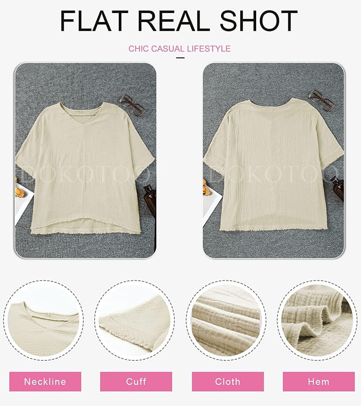 Dokotoo Damen Bluse V-Ausschnitt Musselin Tunika Shirt Oberteil Sommer Kurzarm Locker Longshirt Tops