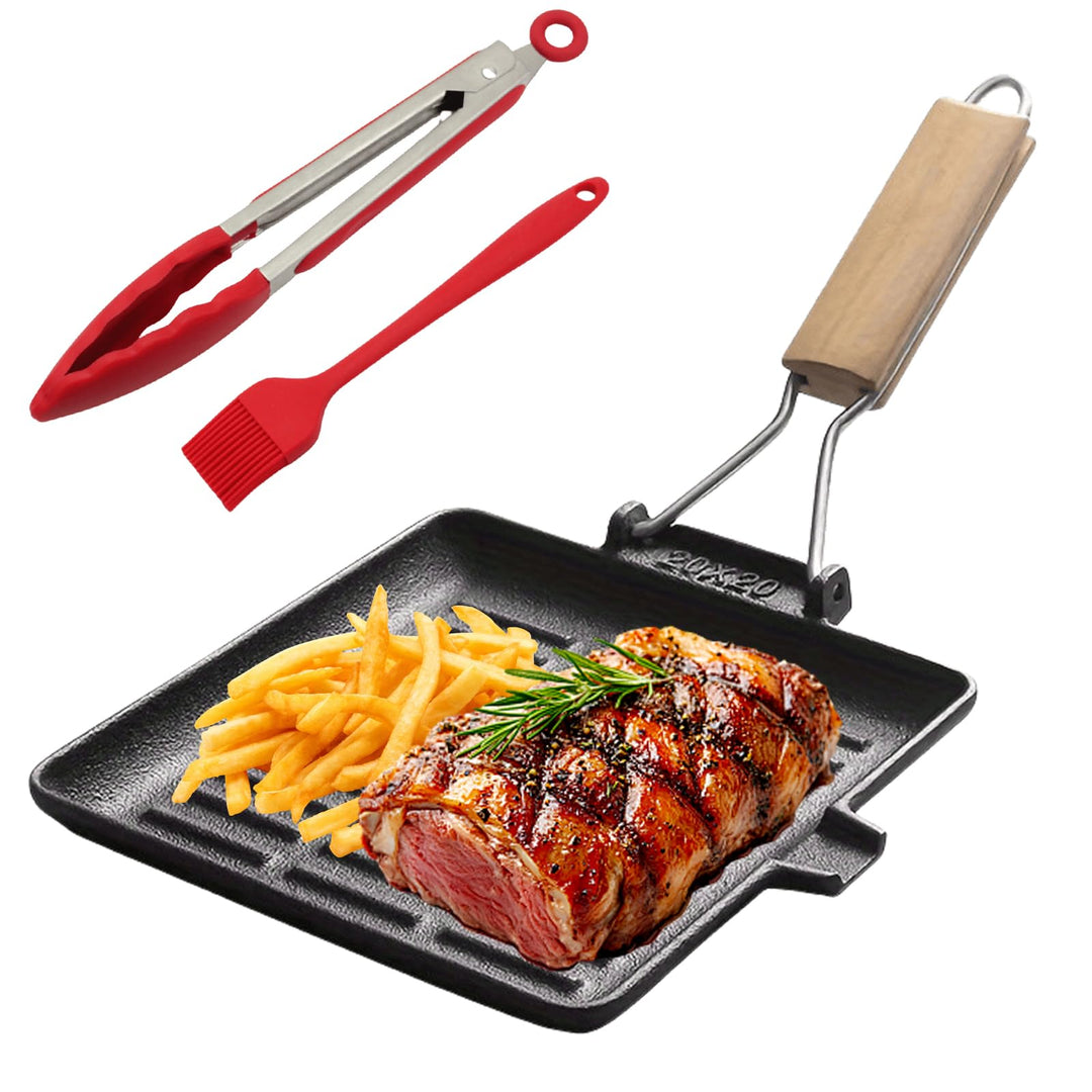 Grillpfanne Induktion: Steakpfanne Gusseisen mit Abnehmbarer Griff, 20 x 20 cm Antihaft Beschichtet