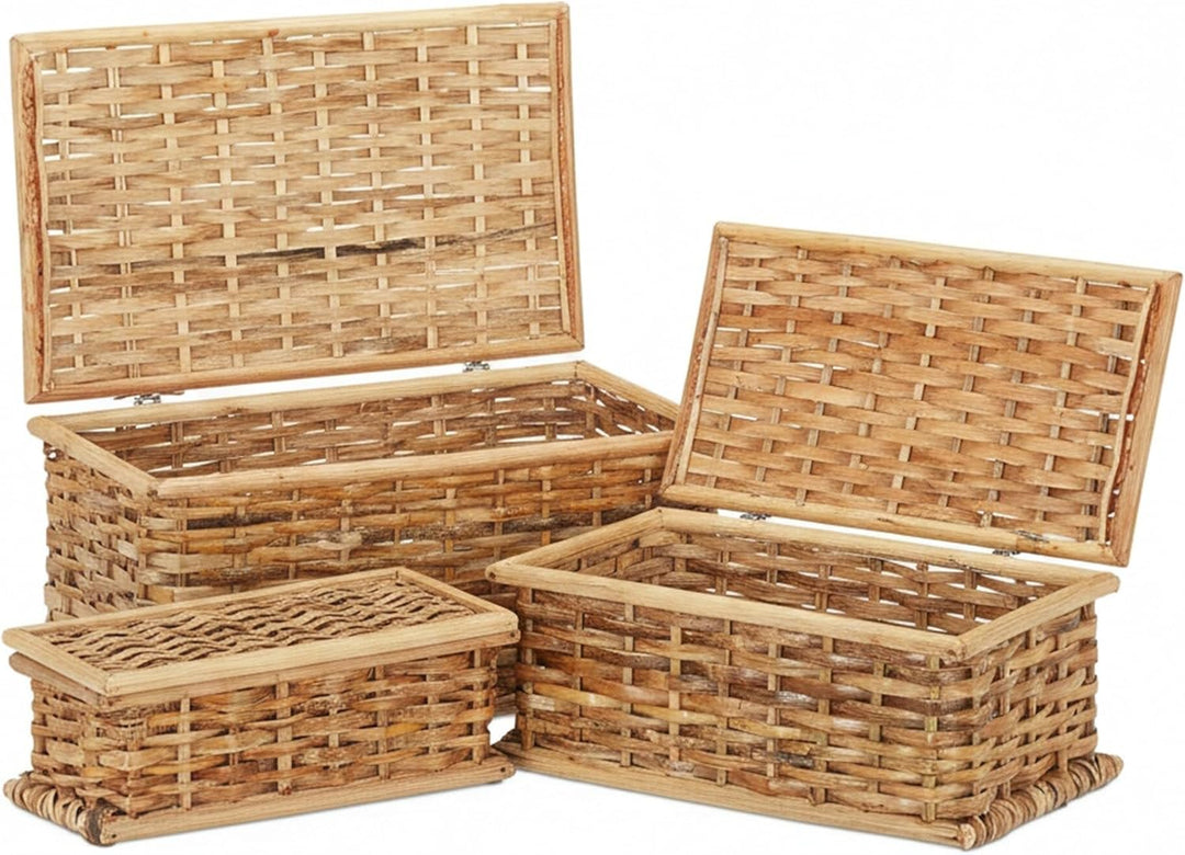 Relaxdays, natürlich Körbchen 3er-Set Rattan, Deckel, geflochten, Wohnzimmer, Korbset, Dekokiste, 10