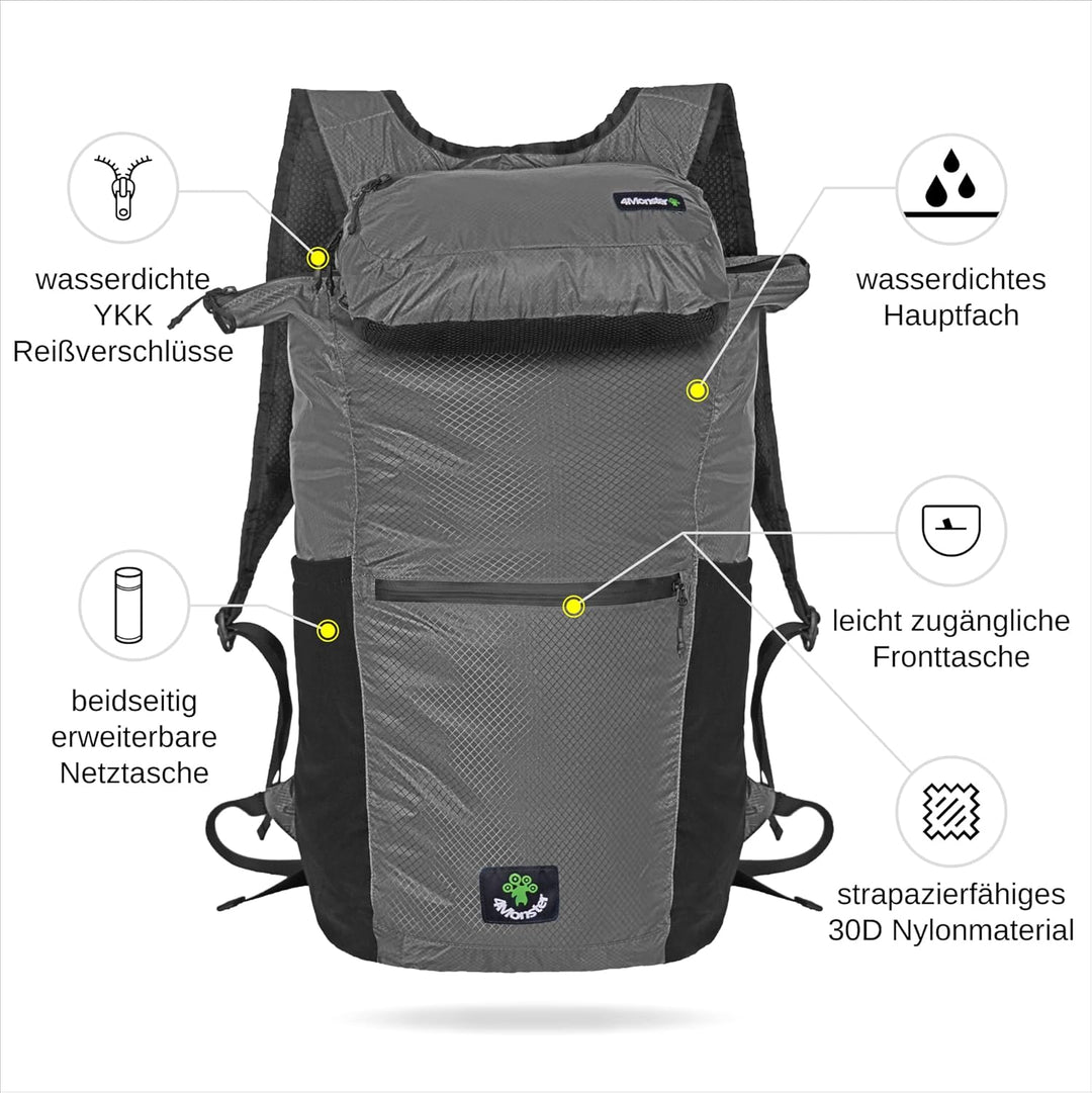 4Monster Faltbarer Rucksack Ultra Leicht, Unisex Tagesrucksack Outdoor, 2in1 Gürteltasche, Wasserdic