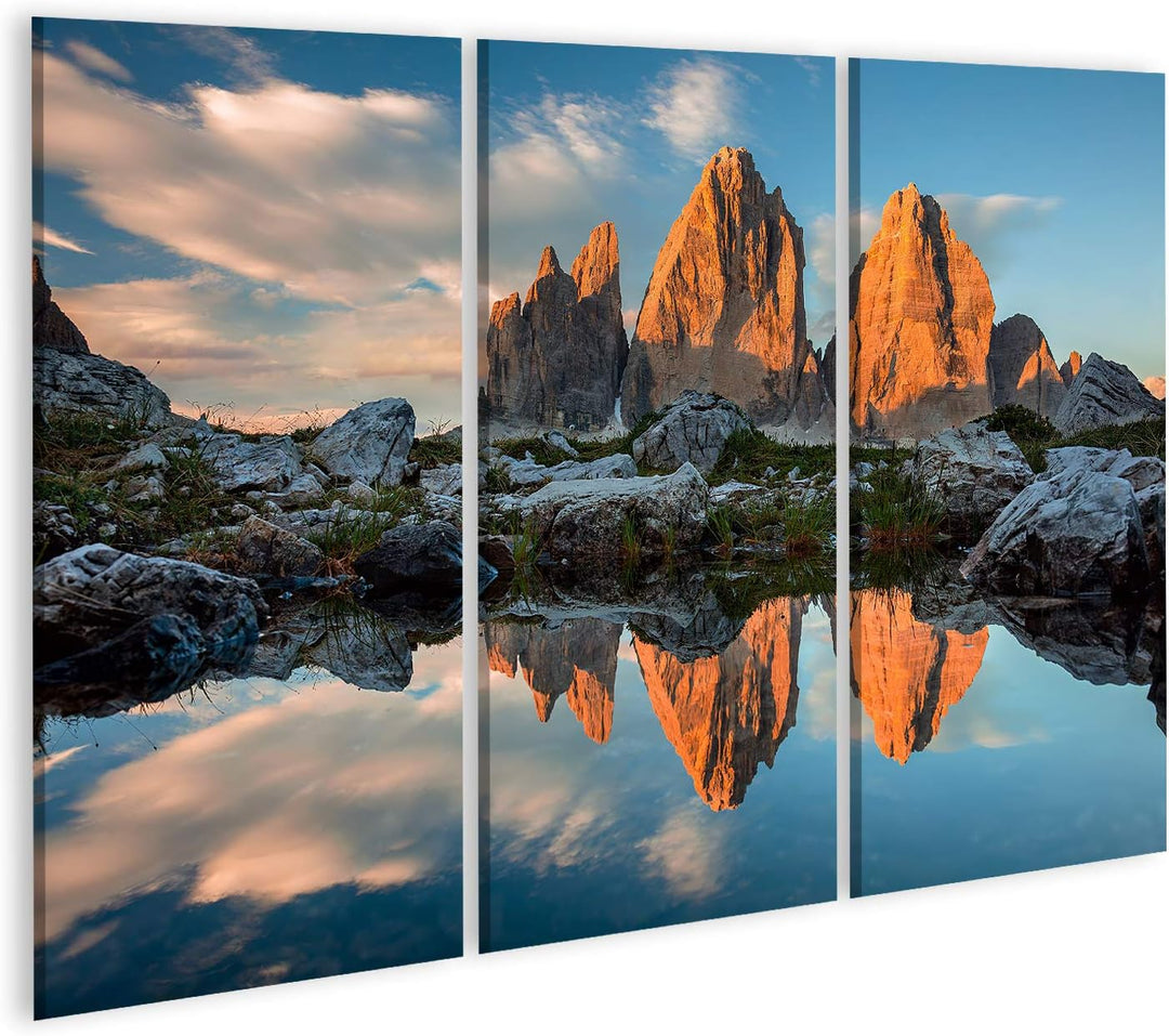 bilderfelix® Bild auf Leinwand DREI Zinnen oder TRE Cime di Lavaredo mit Reflexion im See bei Sonnen