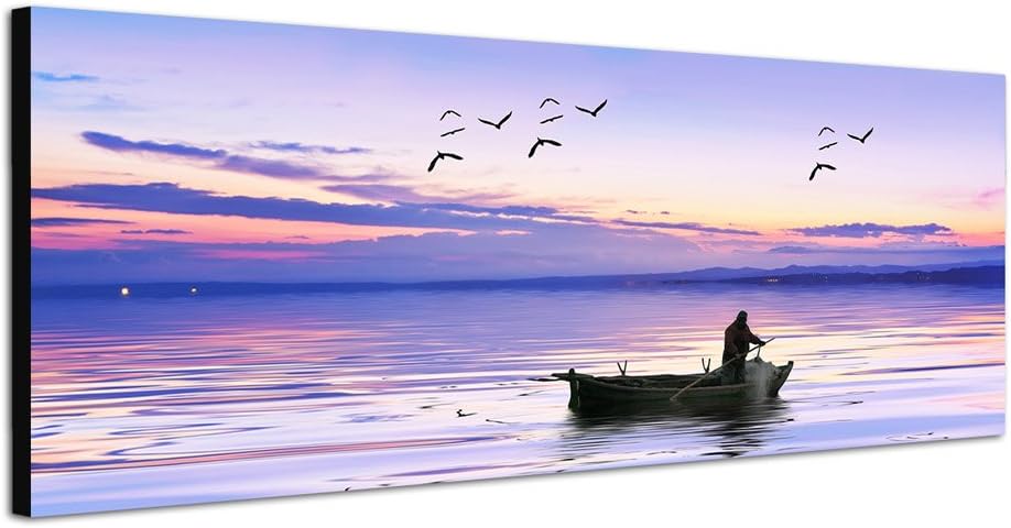 Paul Sinus Art Panoramabild auf Leinwand und Keilrahmen 150x50cm Meer Fischerboot Fischer Möwen Morg