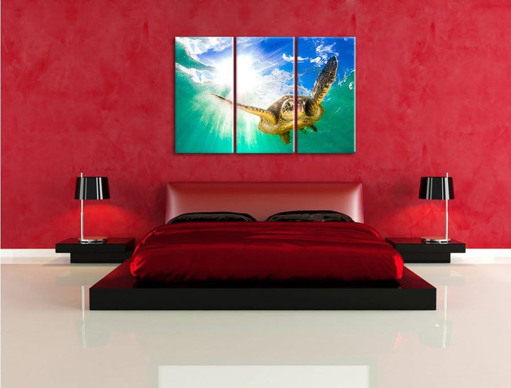 Pixxprint Grüne Meeresschildkröte als Leinwandbild | Grösse: 3 Teilig (120x80) | Wandbild| Kunstdruc