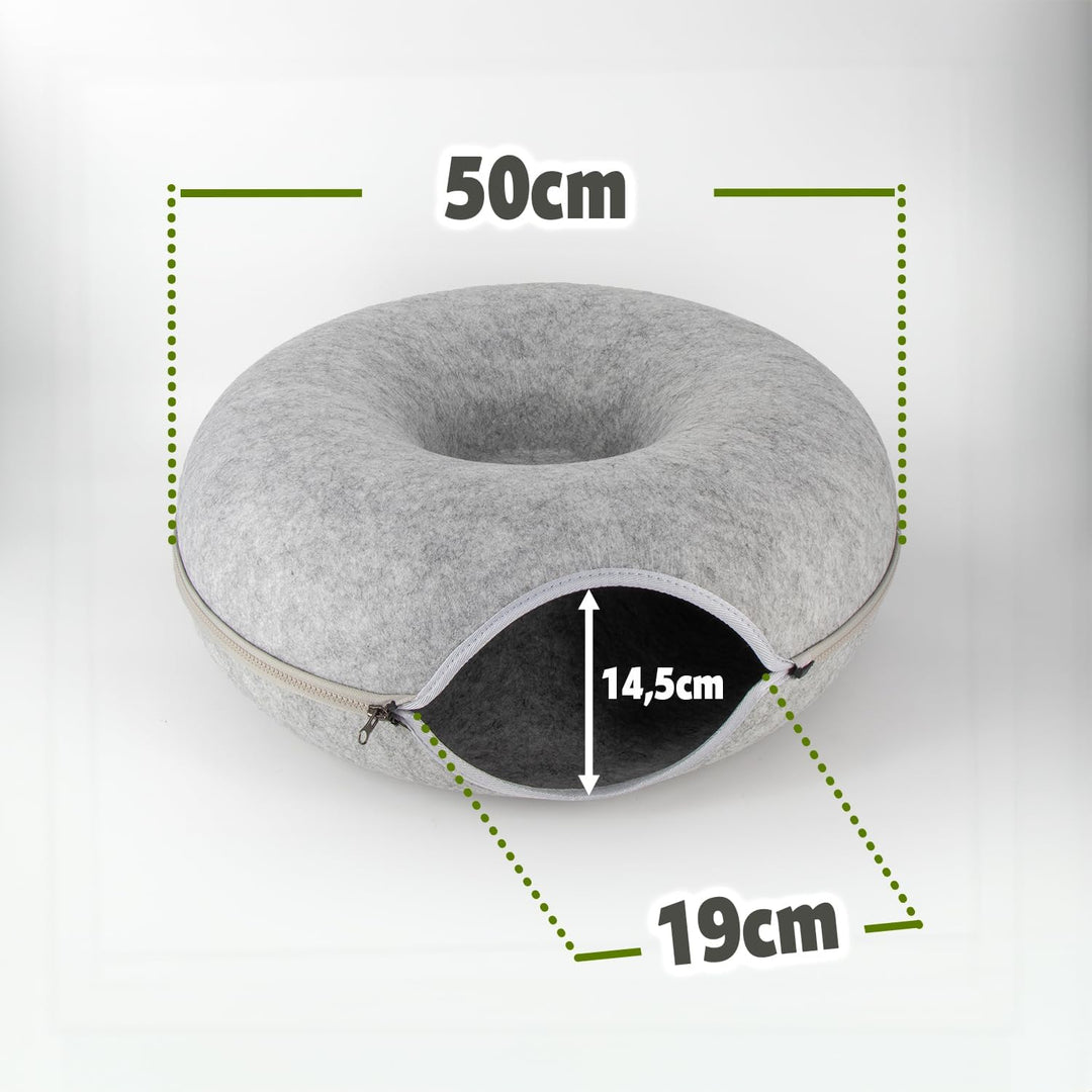 Katzentunnel Katzenhöhle Katzen Donut, Masse 50x50x20cm, Farbe: Grau,aus Filz gefertigt, runde Form,