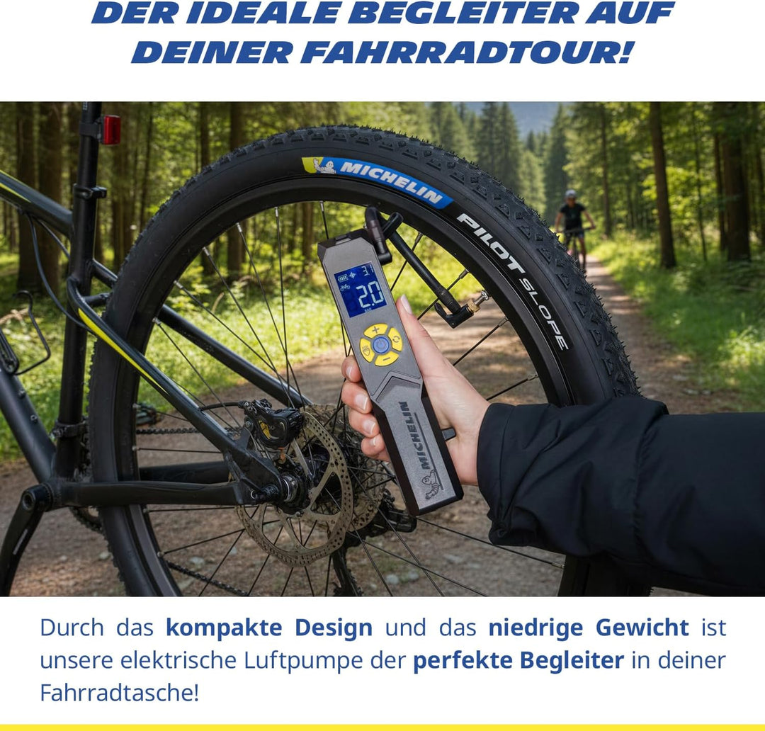 MICHELIN elektrische Fahrradpumpe | Luftpumpe | Akku Mini Kompressor mit LED Licht | 10 Bar/ 150 PSI