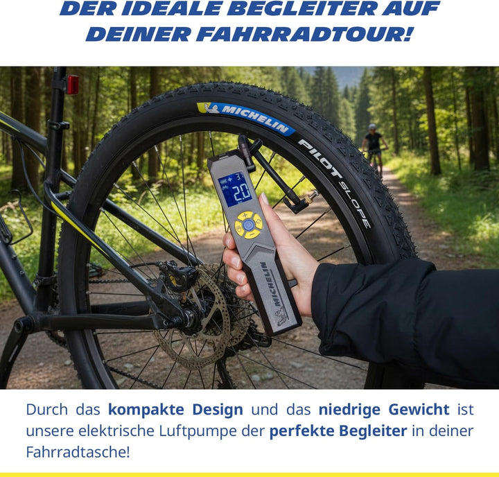 MICHELIN elektrische Fahrradpumpe | Luftpumpe | Akku Mini Kompressor mit LED Licht | 10 Bar/ 150 PSI