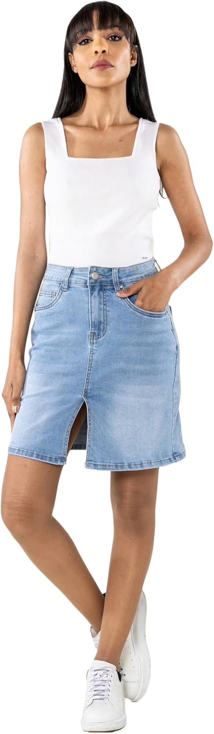 Nina Carter P213 Damen Kurzer Jeansrock mit Vorderem Schlitz Reissverschluss Stretch Used-Look Hellb