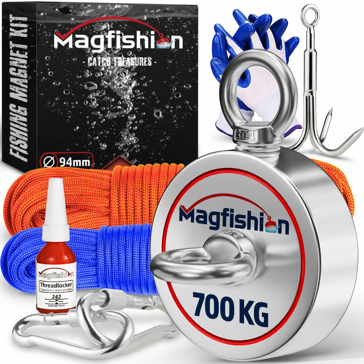 Magnetfischen Mega Set - 700 KG (2 x 350KG) - Ø94mm - Neodym Magnet mit 2 Seilen, Greifhaken & Hands