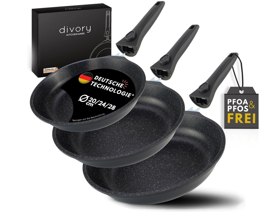 DIVORY Pfannenset 3-teilig Pfanne 20cm, 24cm, 28cm mit abnehmbaren Griff, Induktion, Antihaft-Beschi