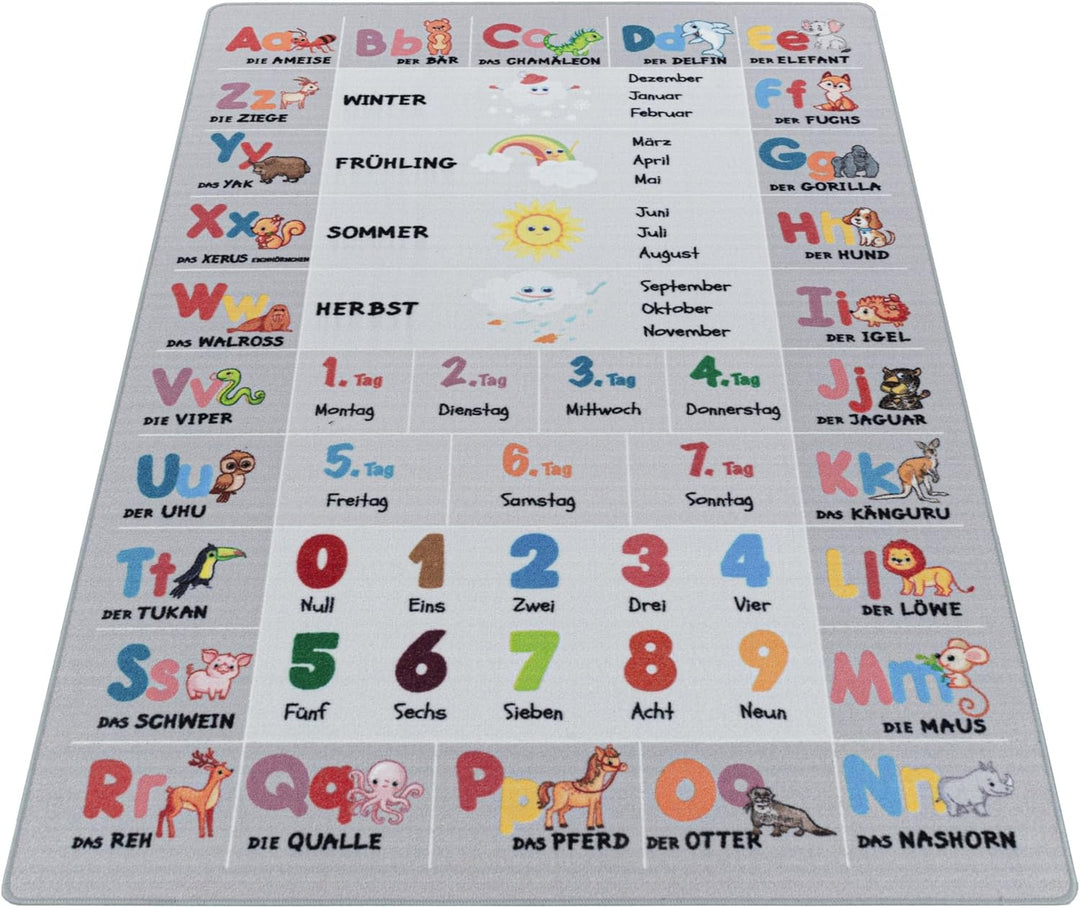 Kinderteppiche für Kinder Alphabet Buchstaben Zahlen Tiere Spielteppich Waschbar Jungen &amp; Mädchen Te