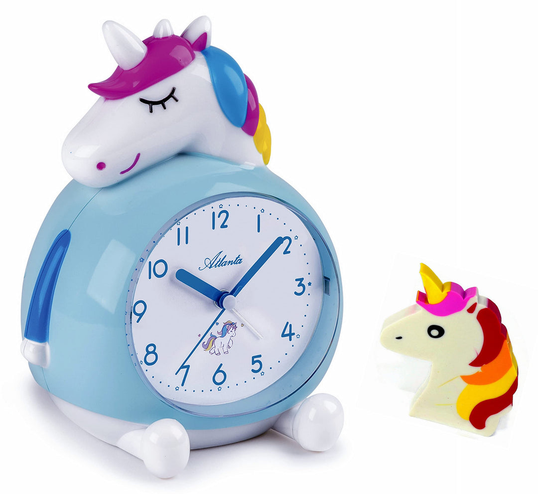 Atlanta Kinderwecker ohne Ticken mit Musik + Radiergummi Einhorn - 2163 Rad (Blau), Blau