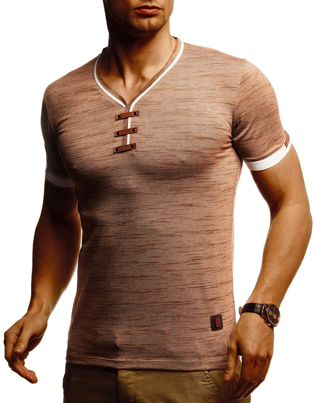 Leif Nelson Sommer T-Shirt Herren V-Ausschnitt - Coole Tshirts lang V-Neck aus Baumwolle - Casual Ba
