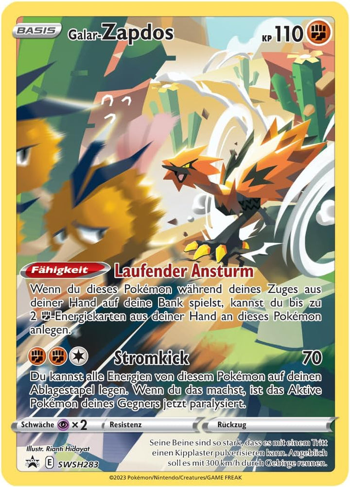 Pokémon-Sammelkartenspiel: Tin-Box Zenit der Könige – Galar-Zapdos (1 holografische Karte &amp; 4 Booste