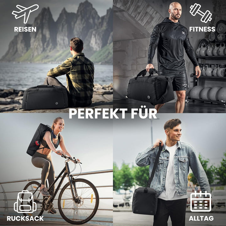 Sporttasche Herren Trainingstasche Damen + Schuhfach Nassfach | 40/60L mit Rucksack-Funktion, 30/50L