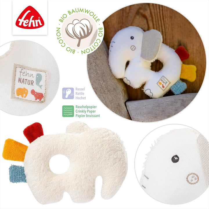 Fehn 056075 Ring-Greifling Elefant fehnNATUR – Bio-Babyspielzeug mit Rassel und Raschelpapier für Ba