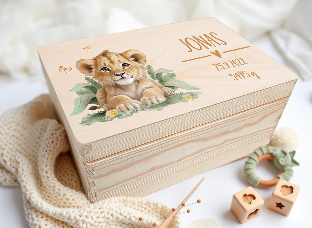 Little Deco Personalisierte Erinnerungsbox Baby Dschungel Löwe Holzkiste | L - 40 x 30 x 22 cm | Ges