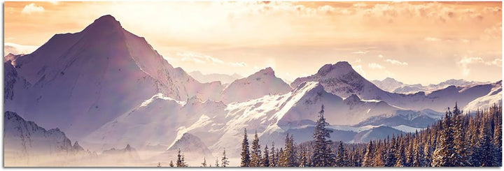 Wandbild auf Leinwand als Panorama in 150x50cm Berge Wald Schnee Wolken Sonnenstrahlen
