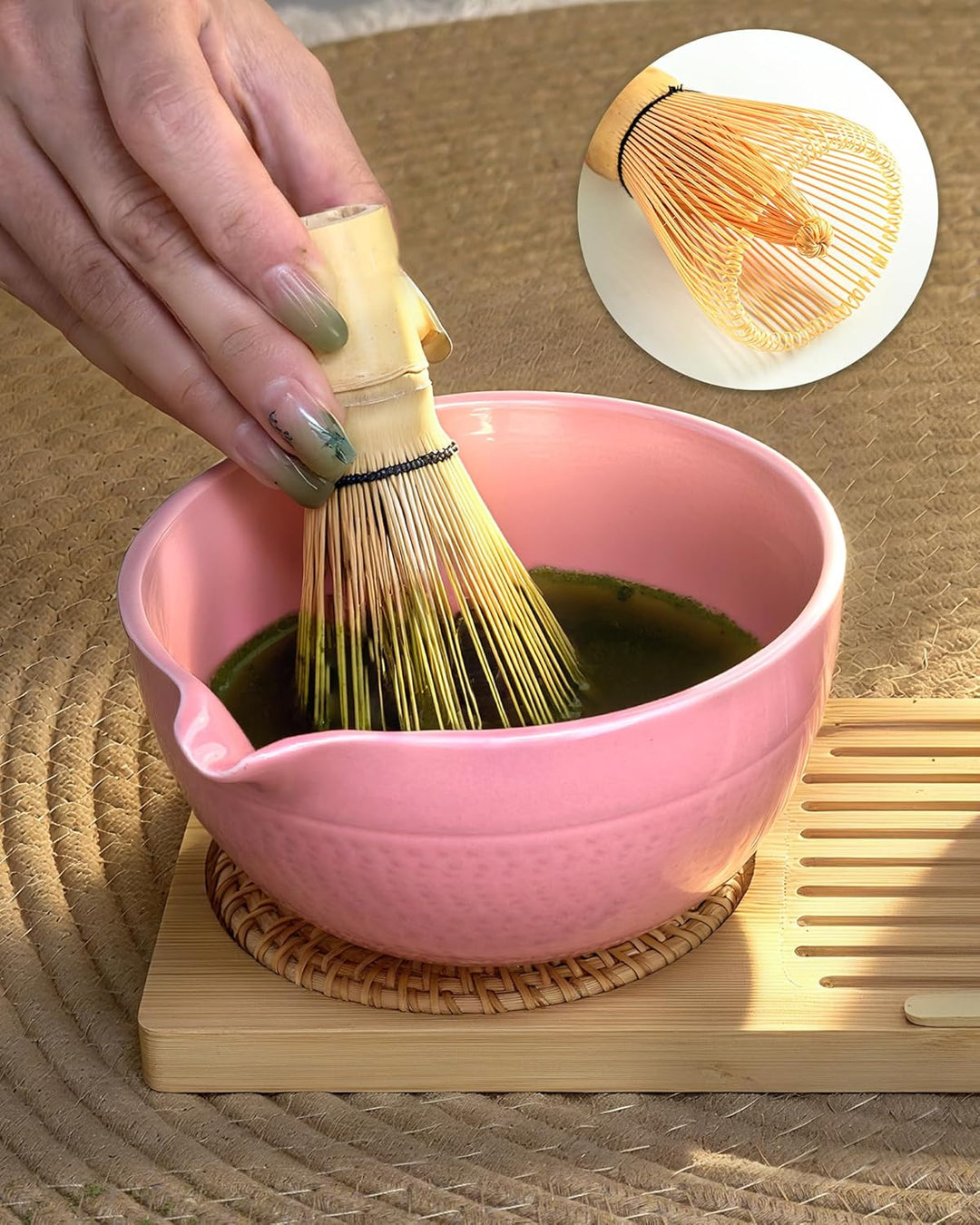 Rosa Matcha Whisk Set, 5 Pcs Macha Tea Set Includes Pink Ceramic Matcha Bowl with Spout, Bamboo Whis