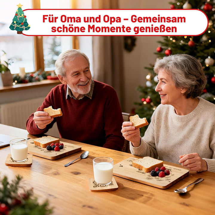 Geschenk für Oma und Opa – 2 Holz-Servierbretter, 2 Holzuntersetzer, 2 Edelstahl-Löffel, 2 Schlüssel