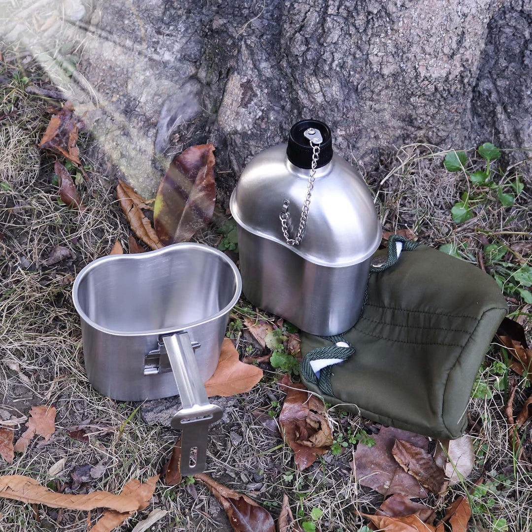 Goetland Edelstahl US Feldflasche Wasserflasche Trinkflasche 1L mit 0,5 L Becher Stofftasche für Cam
