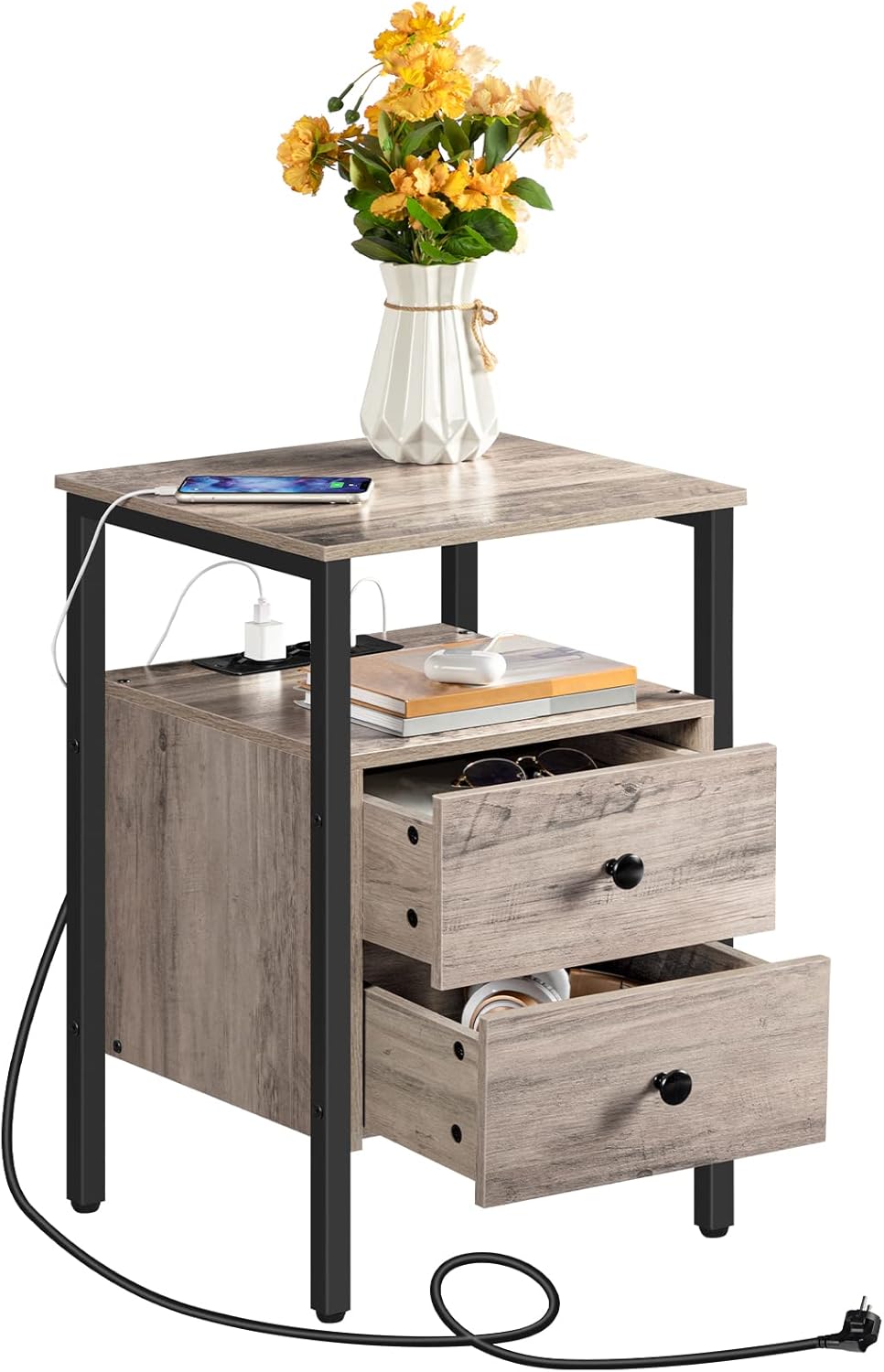 HOOBRO Nachttisch mit Ladestation, Beistelltisch, Sofatisch mit 2 Schubladen, Couchtisch mit USB-Ans