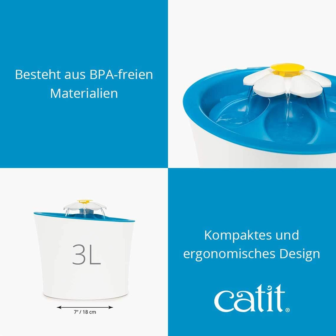 Catit Flower Fountain, Blumentrinkbrunnen mit LED für Katzen, 3L, weiss/blau
