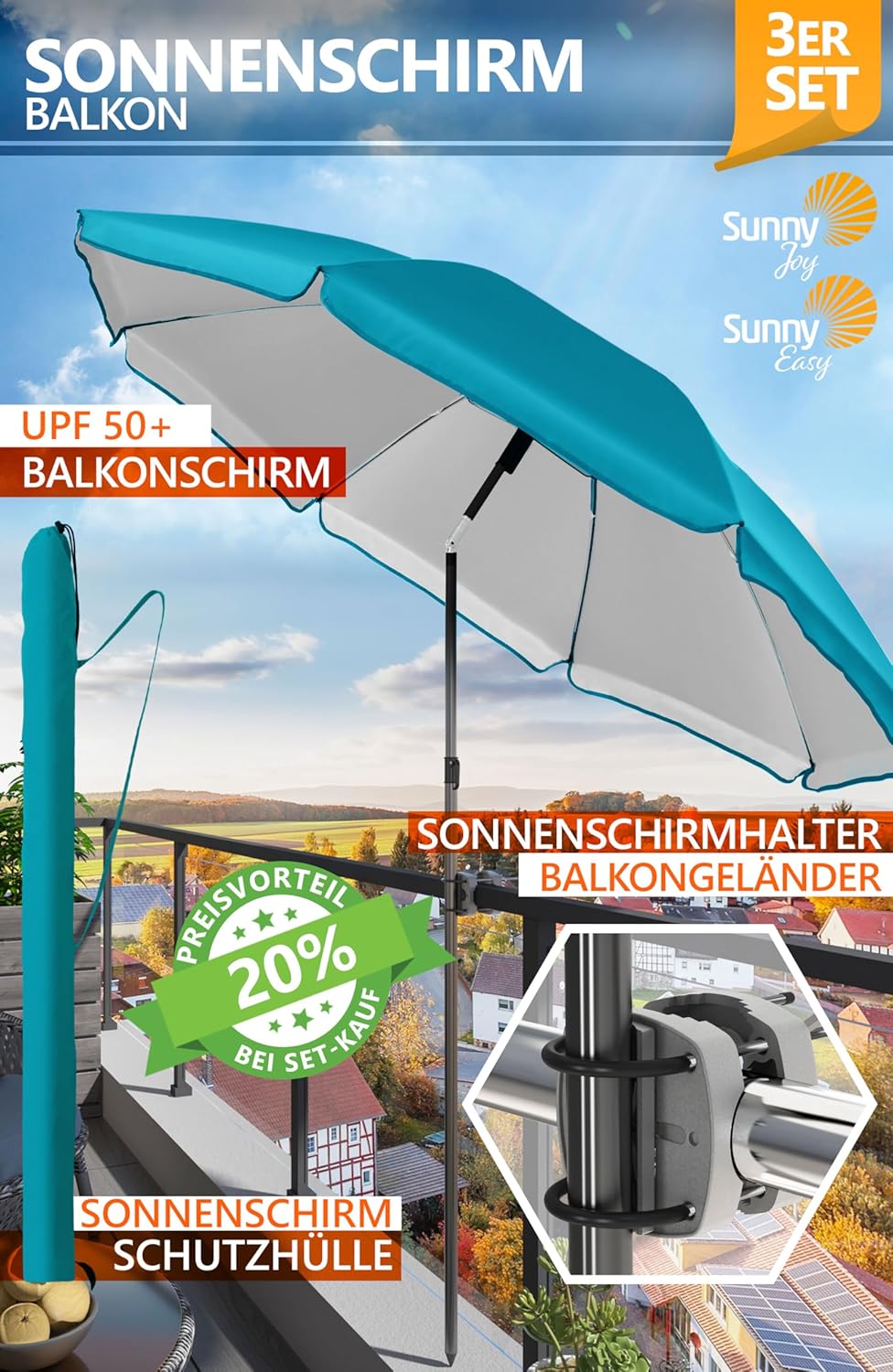 4smile Sonnenschirm Balkon SunnyJoy, 3-in-1 SET, Türkis - UPF 50+ Sonnenschirm Ø 180 cm + Sonnenschi