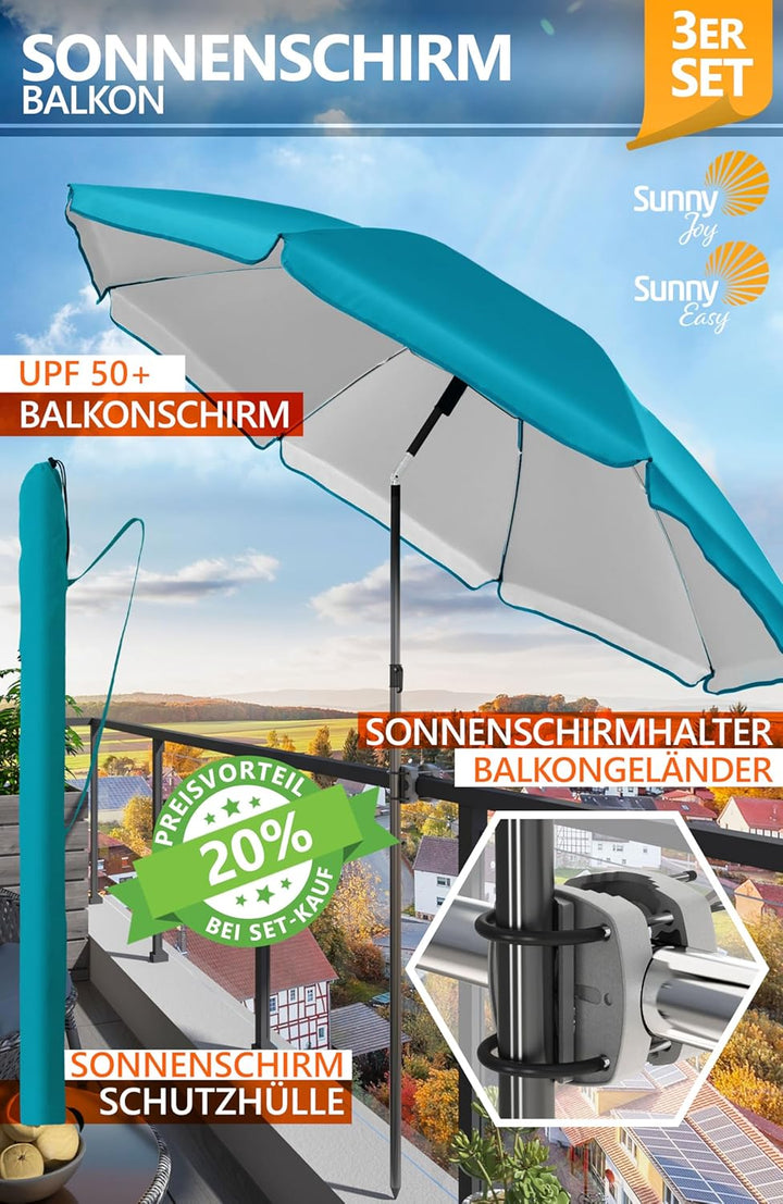 4smile Sonnenschirm Balkon SunnyJoy, 3-in-1 SET, Türkis - UPF 50+ Sonnenschirm Ø 180 cm + Sonnenschi