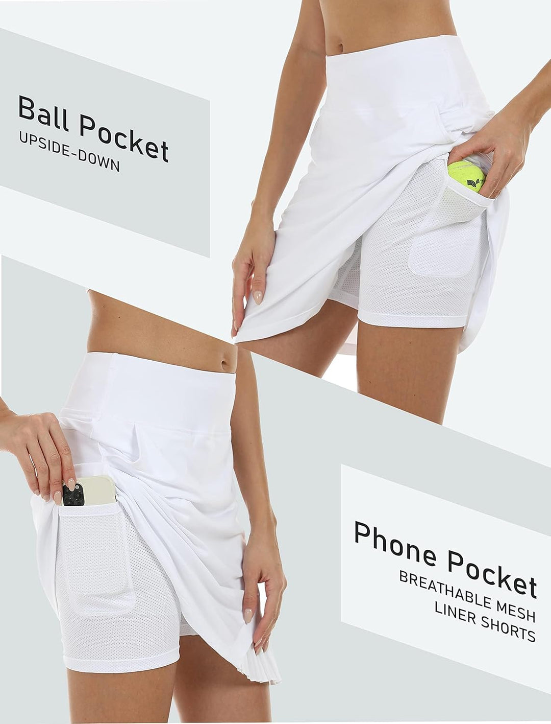 MoFiz Damen Tennisrock Sportlicher mit Shorts Taschen Sommer SkirtRock mit Tunnelzug S Weiss, S Weis
