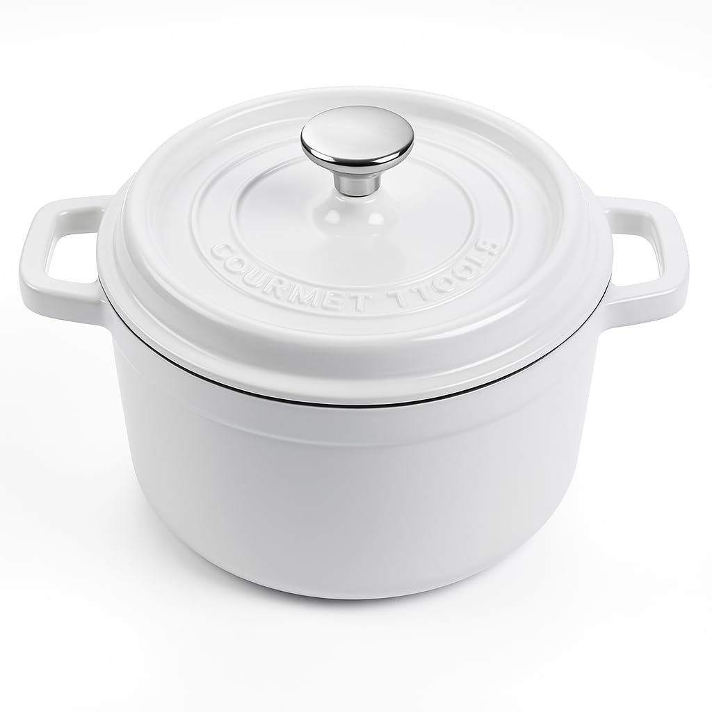Runder Kochtopf aus Gusseisen mit glasierter Keramikbeschichtung, Cocotte mit Deckel. Gourmet Tools