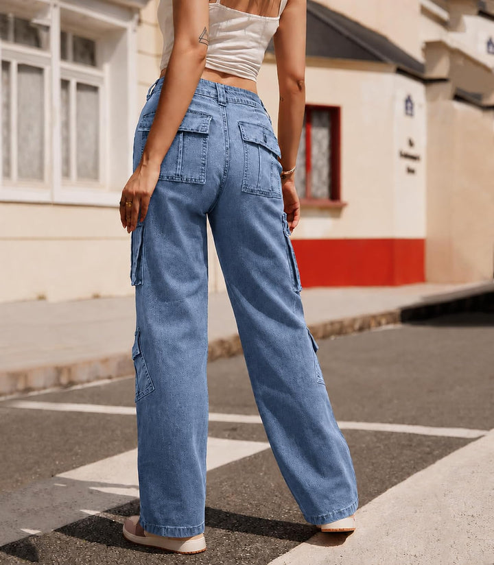 Cargohose Damen Baggy Y2K Multi Taschen High Waist Stretch Wanderhose Sport Jogginghose mit Elastisc