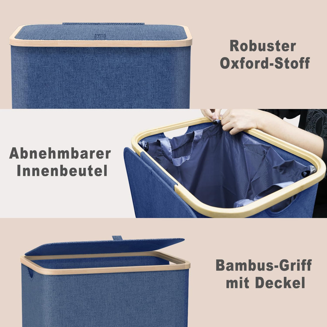 Schmaler Wäschekorb mit Deckel 100L, Bambusdeckel &amp; herausnehmbarer Wäschesack, hoher Wäschesammler