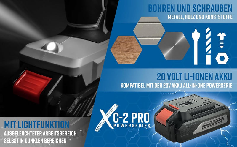 Brüder Mannesmann Akku-Bohrschrauber, 20 Volt, Lithium-Ionen, 1 Akku | M17680 XC-2 Pro Serie, XC-2 P