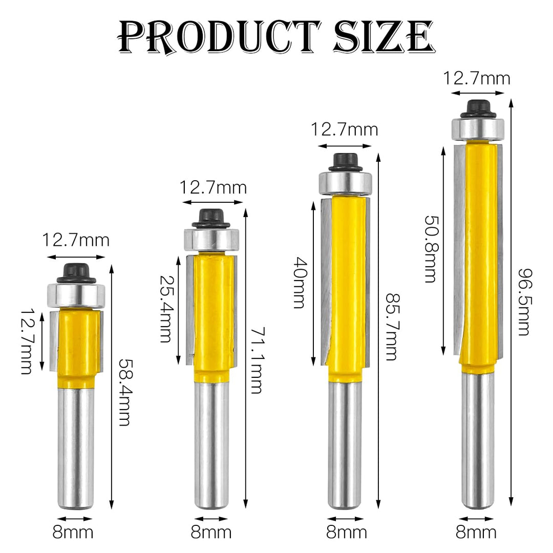 4 Stück Bündigfräser Kugellager Oben, Fräser für Oberfräse 8mm, bündigfräser 8mm, Fräser Set Kanten