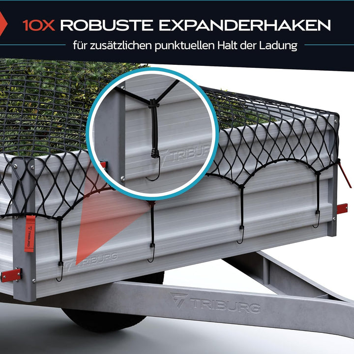 TRIBURG Anhängernetz Dehnbar 1,5x2,7m bis 2,5x3,5m inkl. 10 Expanderhaken | Elastisches Anhänger Net