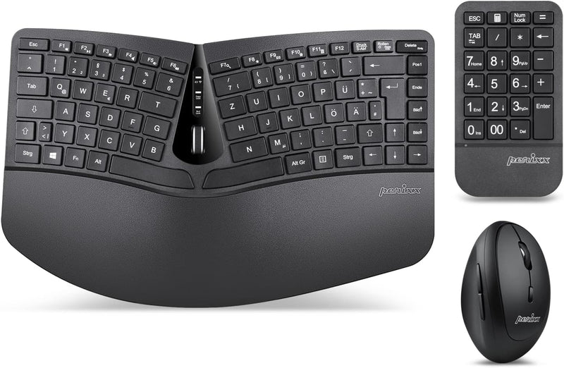 Perixx PERIDUO-606A, 3-in-1 Kabellose kompakte ergonomische Tastatur mit vertikaler Maus und numeris