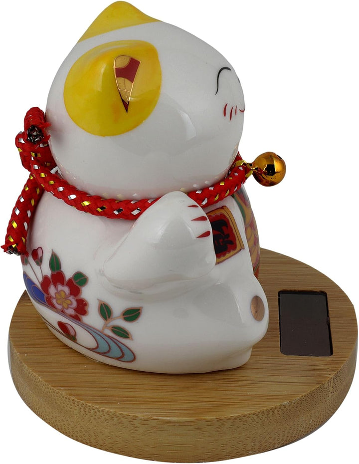 Freak Scene Glückskatze Keramik 10cm weiss Bambussockel Solar Maneki-Neko Winkekatze Lucky cat Model