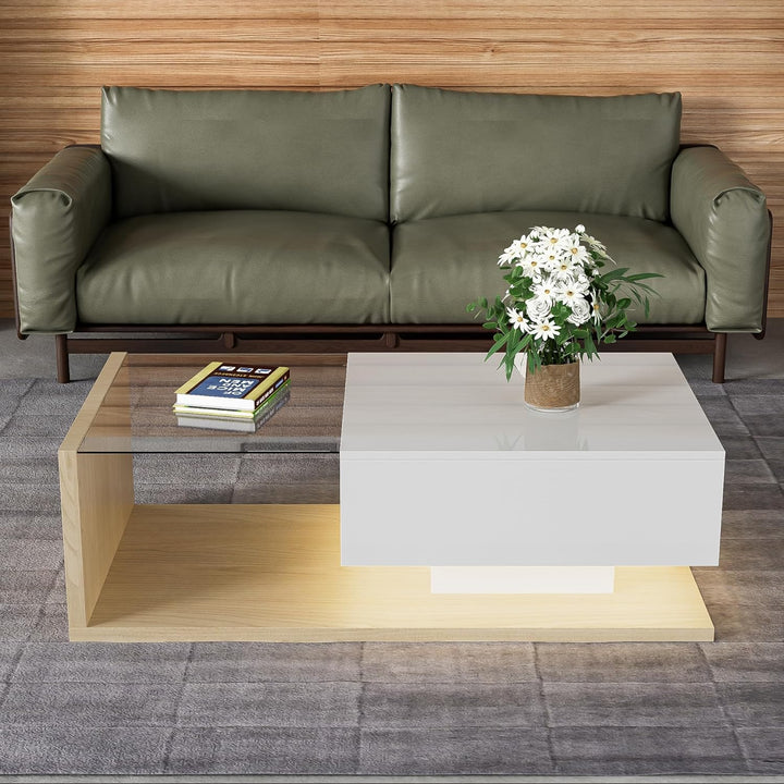Merax Wohnzimmertisch, LED Couchtisch mit Schubladen, Hochglanz Kaffeetisch mit Stauraum, Modern Cof