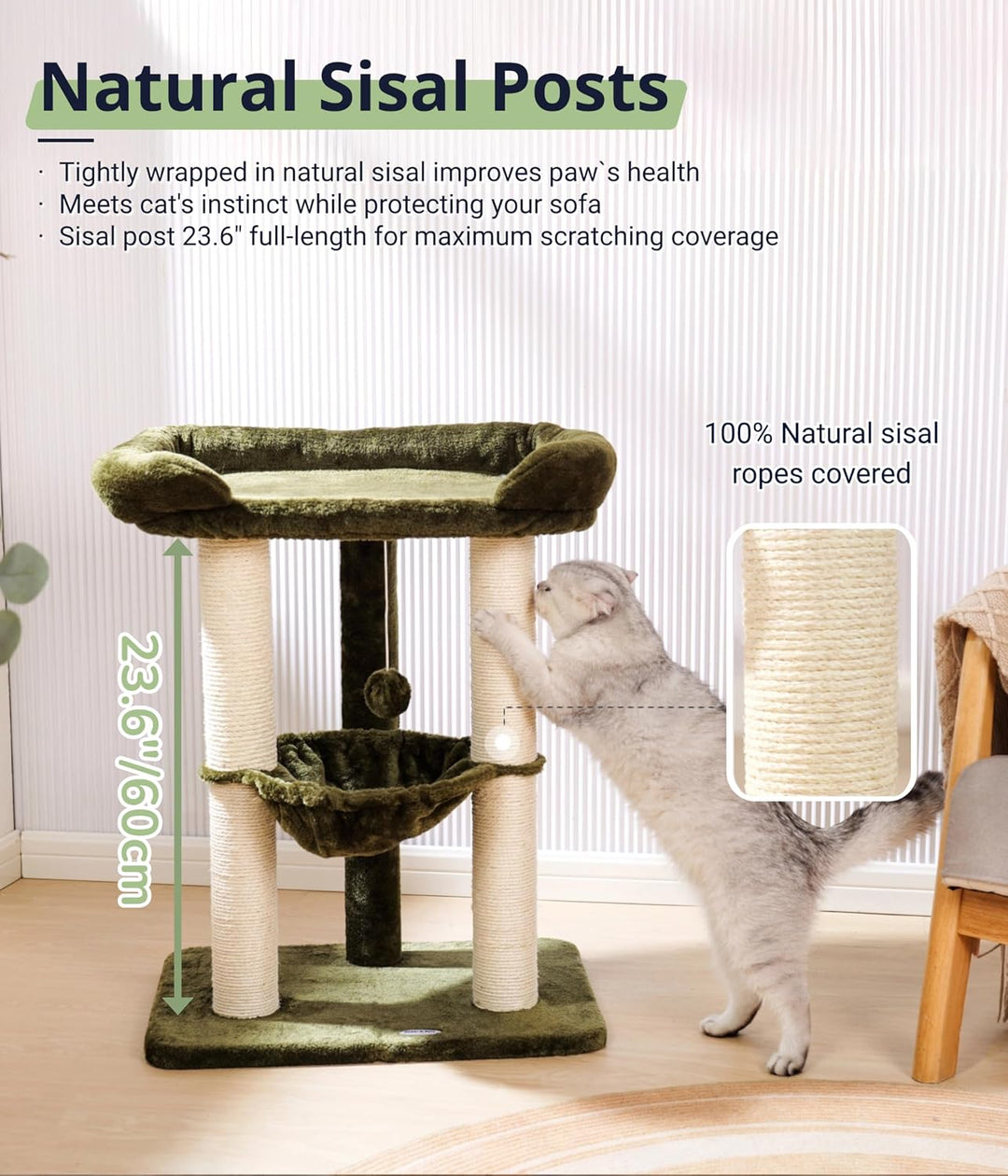 Happi N Pets 71 cm Kratzbaum für Katzen, Hoher Kratzstamm mit grossem Bett für grosse Katzen, Sisal-