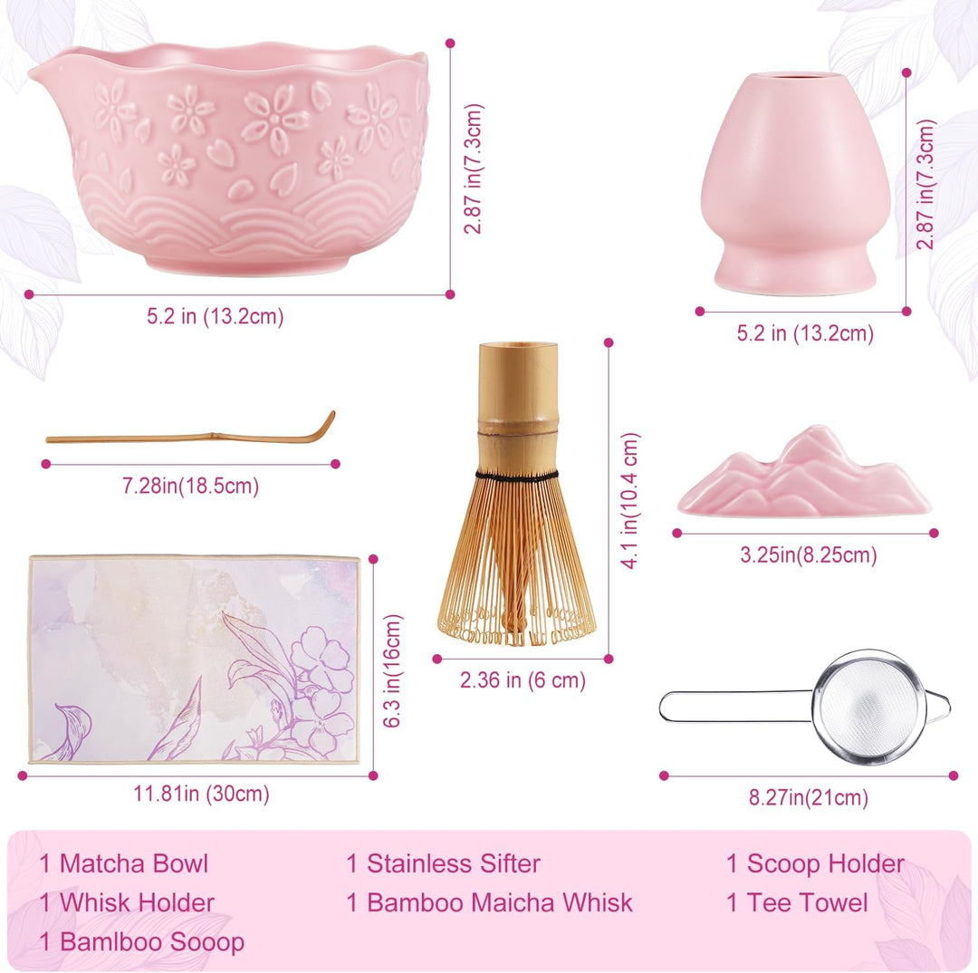 Matcha Set Pink, 8 Stück Matcha Tee Sets mit Matcha Besen und Schale, Schaufel, Löffelständer, Besen