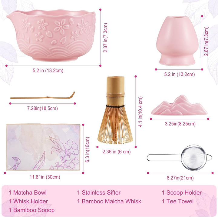 Matcha Set Pink, 8 Stück Matcha Tee Sets mit Matcha Besen und Schale, Schaufel, Löffelständer, Besen
