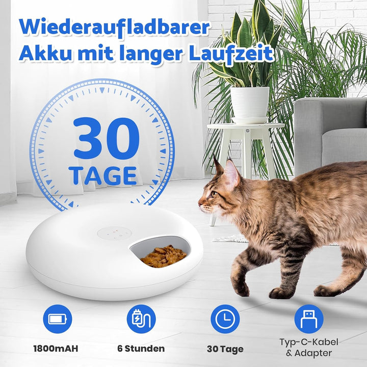 Futterautomat Katze Nassfutter,6 Mahlzeiten Nassfutterautomat für Katzen mit 2 Eispackungen WiFi App