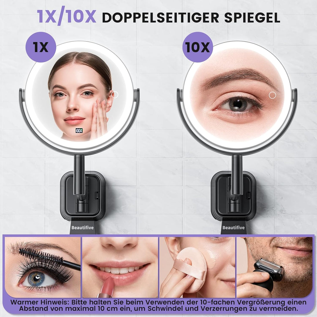7” Wiederaufladbar Kosmetikspiegel Wandmontage, 1X/10X Schminkspiegel Silber, Silber