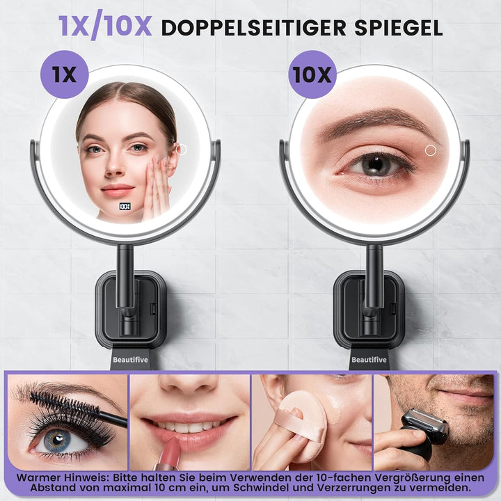7” Wiederaufladbar Kosmetikspiegel Wandmontage, 1X/10X Schminkspiegel Silber, Silber