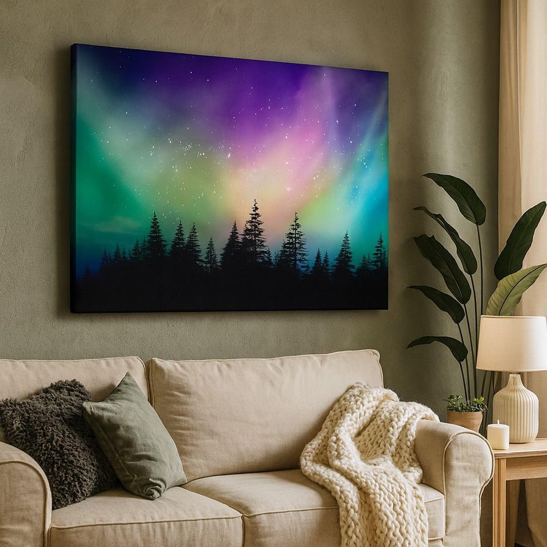 Bilder auf Leinwand 100x70cm Leinwandbild mit Rahmen Aurora Polar Nacht Gross Wanddeko Bild Schlafzi