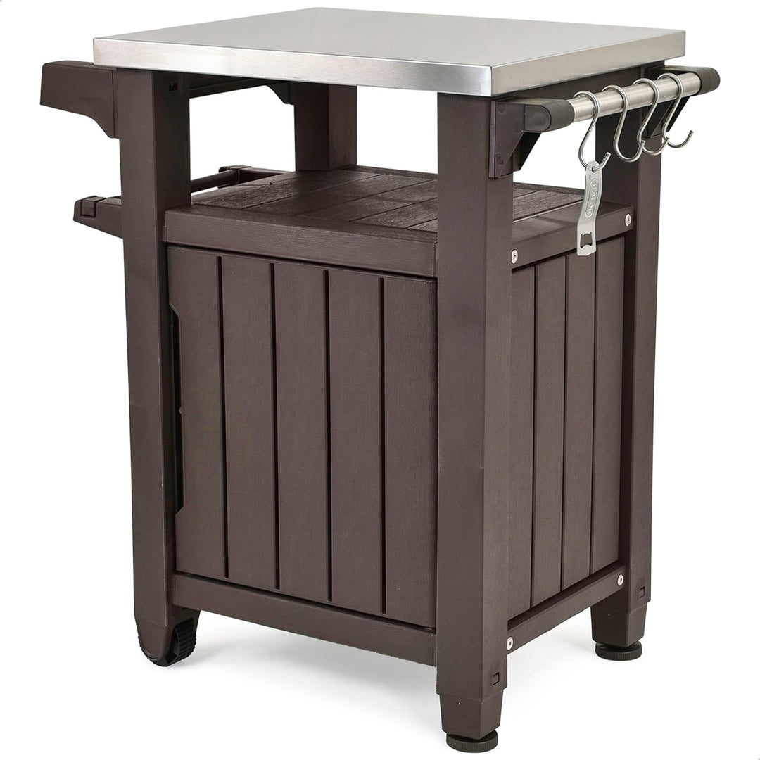 Keter Unity Portable 40 Gal Outdoor Table and Storage Cabinet w/ Accessory Hooks, Stainless Steel To