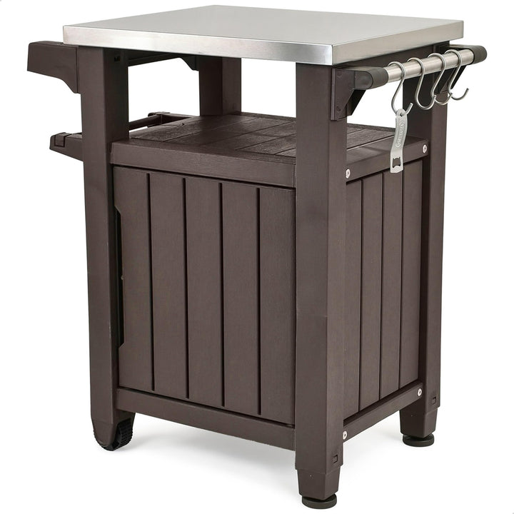 Keter Unity Portable 40 Gal Outdoor Table and Storage Cabinet w/ Accessory Hooks, Stainless Steel To
